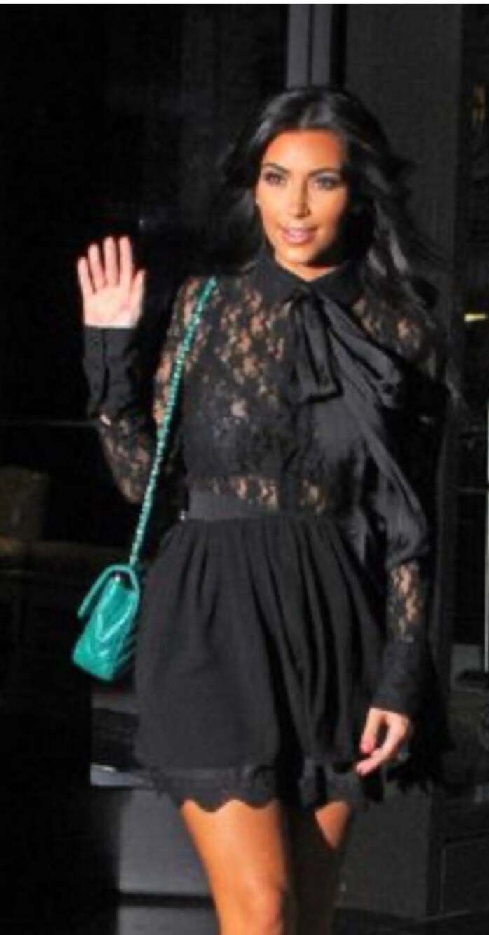 Kardashian Kollection Black Lace Button-Up Long Sleeve Blouse with Tie Neck